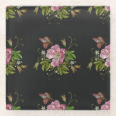 エレガントフローラ刺繍模様ブラック背景 ガラスコースター (正面)