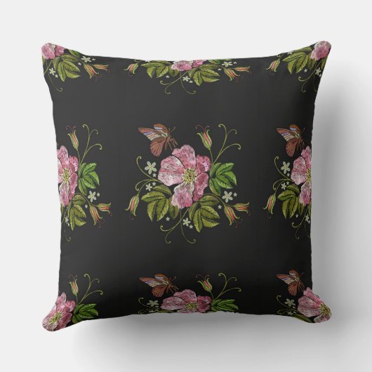 エレガントフローラ刺繍模様ブラック背景 クッション (裏面)