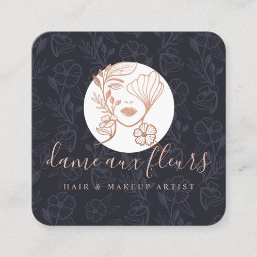 エレガントフローラ咲き美しい女性ロゴブラック スクエア名刺 (正面)
