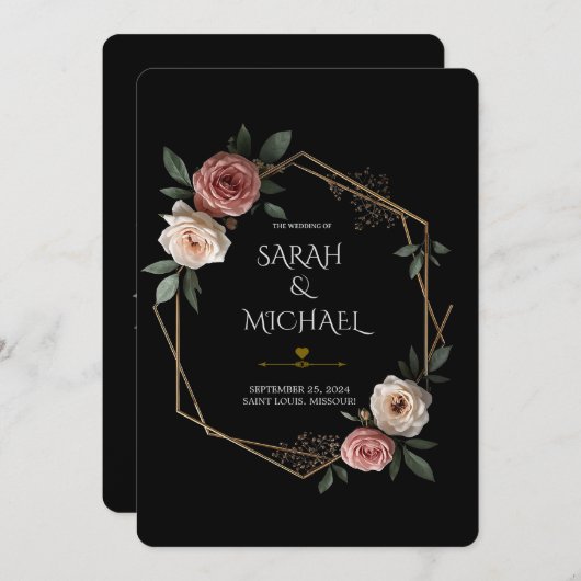 エレガントフローラ幾何学的結婚式招待状カード 招待状 (正面/裏面)