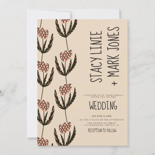 エレガントフローラ手ファンシー描き結婚スクリプト 招待状 (正面)