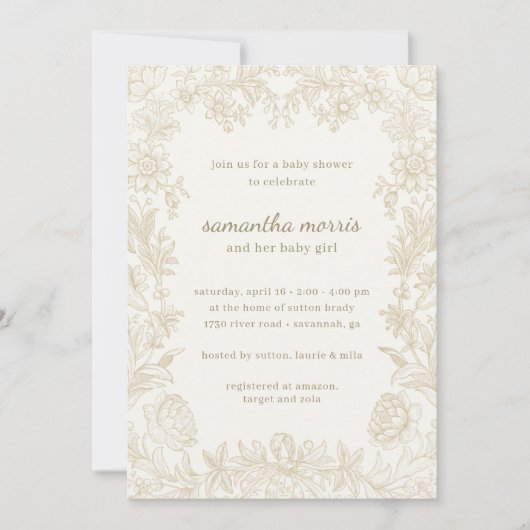 エレガントフローラ描アイボリーベビーシャワー 招待状 (正面)