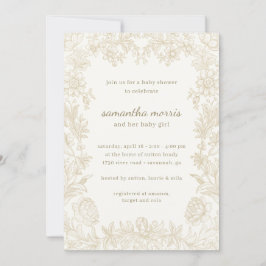 エレガントフローラ描アイボリーベビーシャワー 招待状