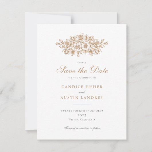 エレガントフローラ救ヴィンテージ結婚の日付 招待状 (正面)