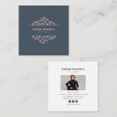 エレガントフローラ枠ピンク色ネイビーブルーイベントプランナー スクエア名刺 (正面/裏面)