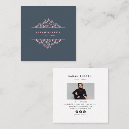 エレガントフローラ枠ピンク色ネイビーブルーイベントプランナー スクエア名刺 (正面/裏面)