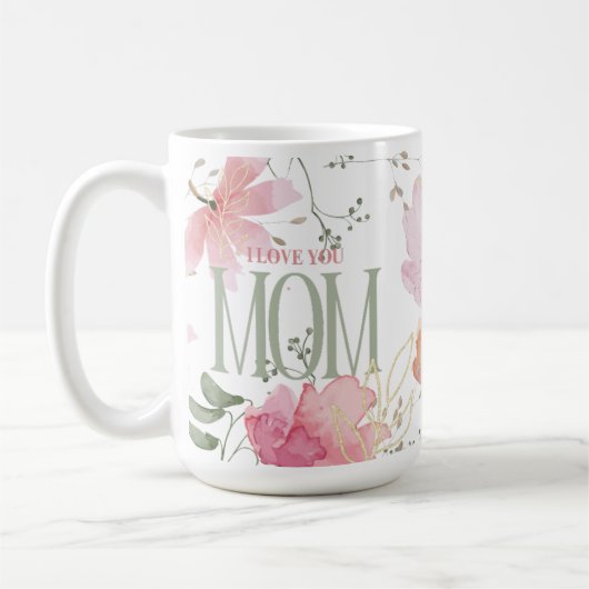 エレガントフローラ水の色"私はママを愛している" モダン コーヒーマグカップ (左)