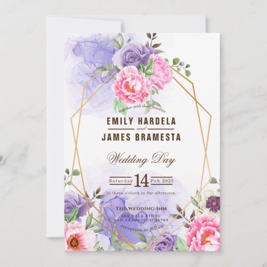 エレガントフローラ水彩枠結婚型 招待状 (正面)