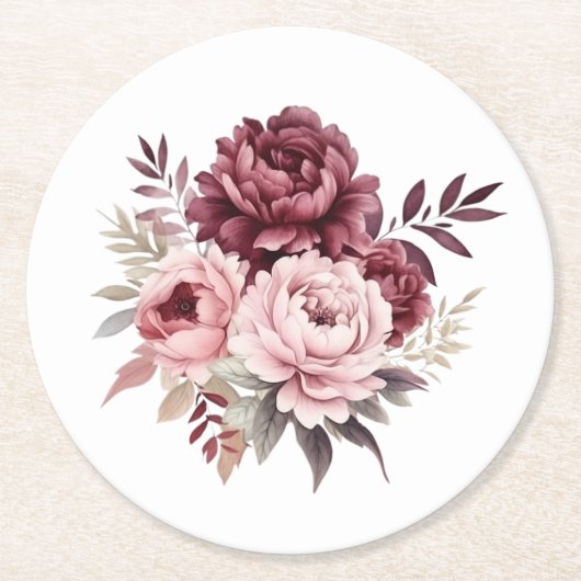 エレガントフローラ水彩牡丹結婚花 ラウンドペーパーコースター (正面)