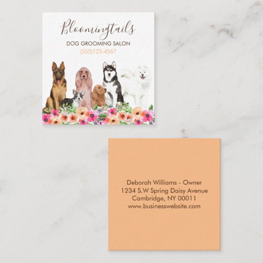 エレガントフローラ水彩犬グルーミングサービス スクエア名刺 (正面/裏面)