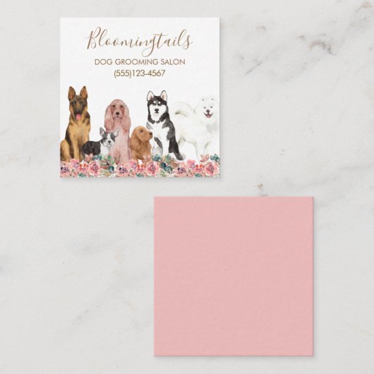 エレガントフローラ水彩犬グルーミングサービス スクエア名刺 (正面/裏面)