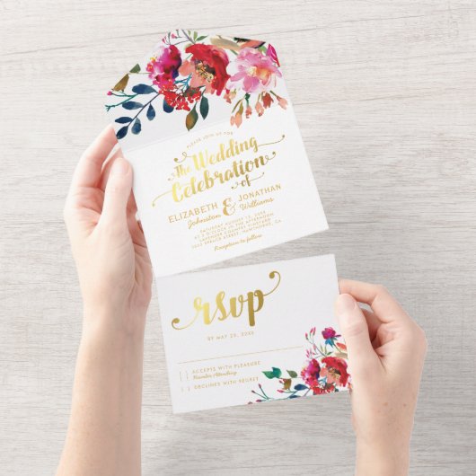 エレガントフローラ水彩白金ゴールド結婚ズ オールインワン招待状 (貼ってはがせる)