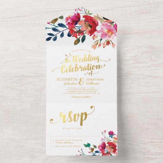 エレガントフローラ水彩白金ゴールド結婚ズ オールインワン招待状 (内側)