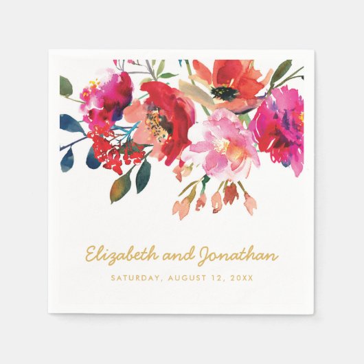 エレガントフローラ水彩白金ゴールド結婚ズ スタンダードカクテルナプキン (正面)