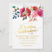 エレガントフローラ水彩白金ゴールド結婚ズ 招待状 (正面)