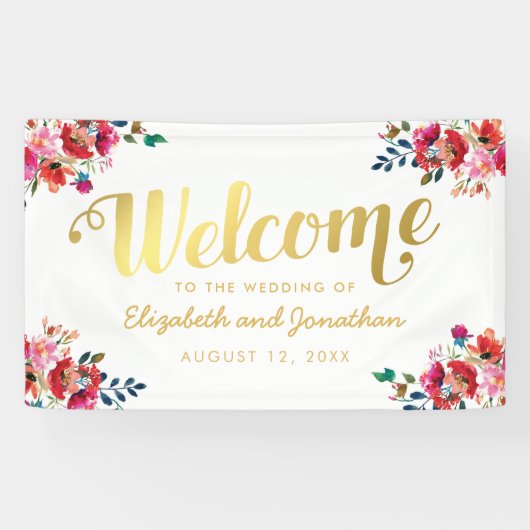 エレガントフローラ水彩白金ゴールド結婚ズ 横断幕 (横)