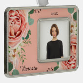 エレガントフローラ水彩花桃色フォトカスタム シルバープレートフレームオーナメント (右)