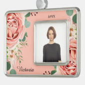 エレガントフローラ水彩花桃色フォトカスタム シルバープレートフレームオーナメント (左)