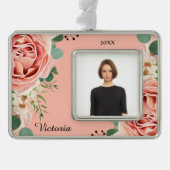 エレガントフローラ水彩花桃色フォトカスタム シルバープレートフレームオーナメント (正面)
