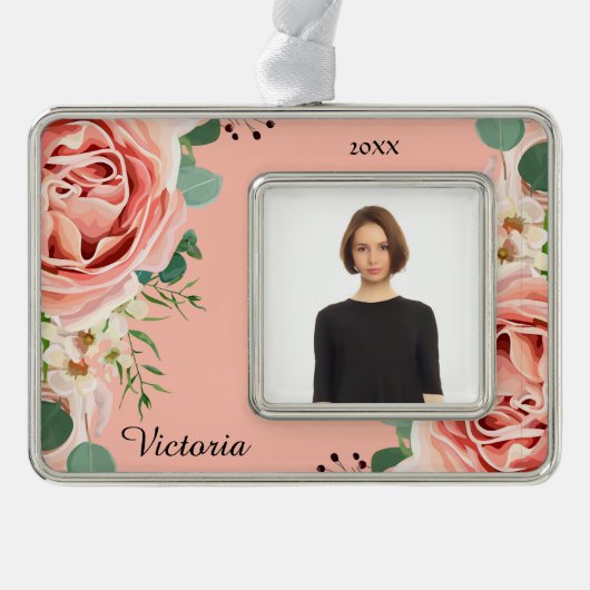 エレガントフローラ水彩花桃色フォトカスタム シルバープレートフレームオーナメント (正面)