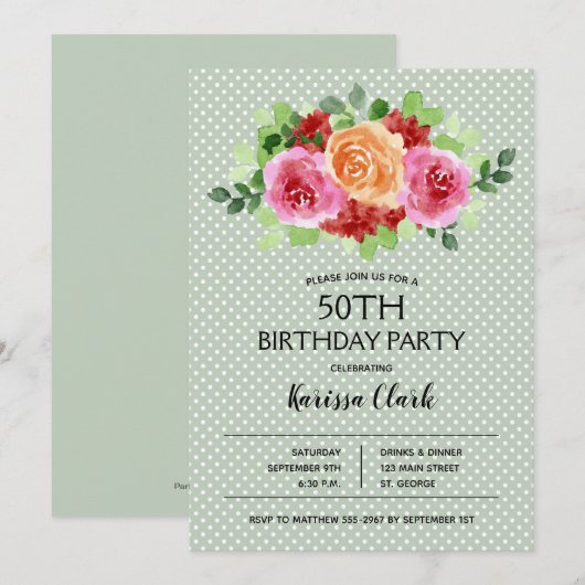 エレガントフローラ水彩誕生日招待状 (正面/裏面)