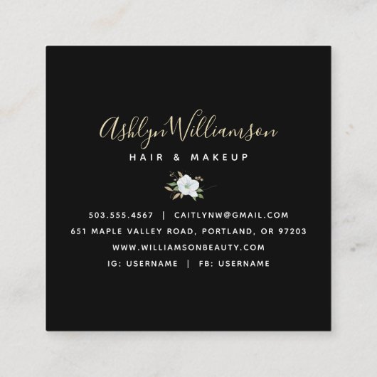 エレガントフローラ水彩黒金ゴールドスクリプモダント スクエア名刺 (裏面)