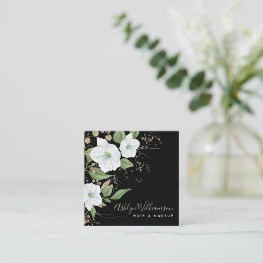 エレガントフローラ水彩黒金ゴールドスクリプモダント スクエア名刺 (スタンド正面)