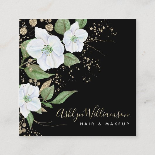 エレガントフローラ水彩黒金ゴールドスクリプモダント スクエア名刺 (正面)