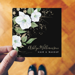 エレガントフローラ水彩黒金ゴールドスクリプモダント スクエア名刺