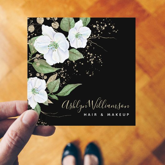 エレガントフローラ水彩黒金ゴールドスクリプモダント スクエア名刺
