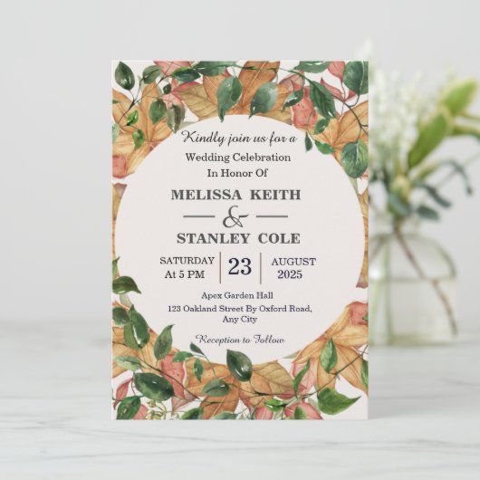 エレガントフローラ水色オレンジ色結婚緑 招待状 (スタンド正面)