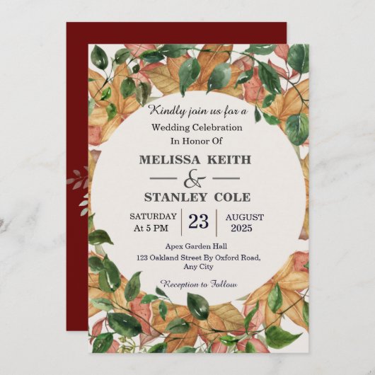 エレガントフローラ水色オレンジ色結婚緑 招待状 (正面/裏面)