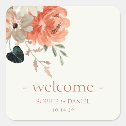 エレガントフローラ水色カップルの結婚歓迎 スクエアシール (正面)