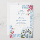 エレガントフローラ水色タイル |ギリシャ結婚の 招待状 (正面)