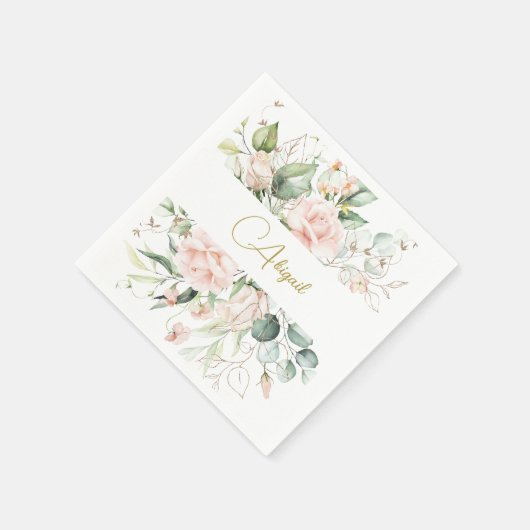 エレガントフローラ水色ピンクローズベビー名前付け スタンダードカクテルナプキン (角)