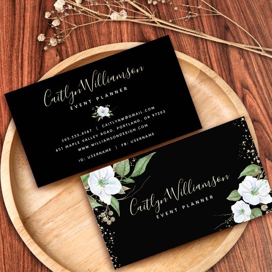 エレガントフローラ水色ブラックモダン金ゴールドスクリプト 名刺