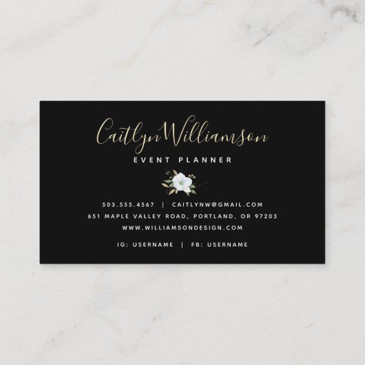 エレガントフローラ水色ブラックモダン金ゴールドスクリプト 名刺 (裏面)