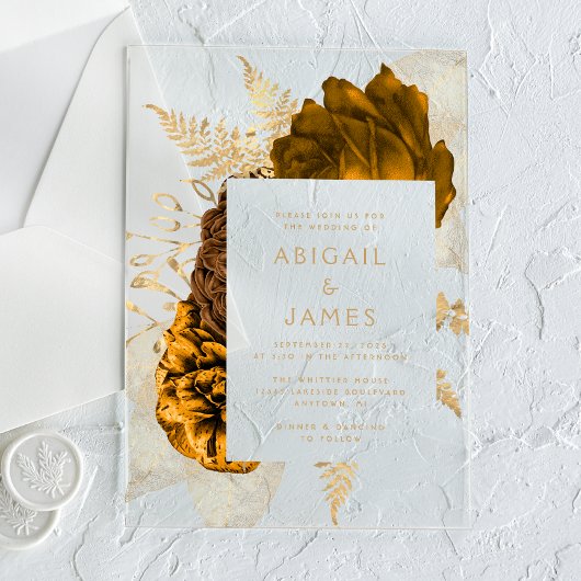 エレガントフローラ燃えたオレンジ色の金ゴールド結婚ズ アクリル招待状