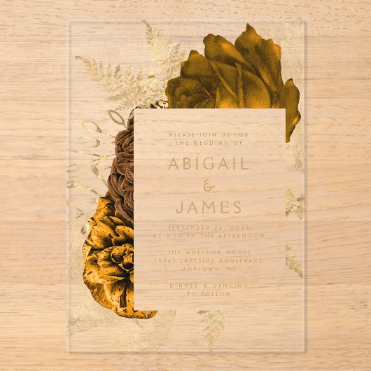 エレガントフローラ燃えたオレンジ色の金ゴールド結婚ズ アクリル招待状 (正面)