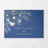 エレガントフローラ王室の金ゴールド結婚ブルー 三つ折り招待状 (カバー)