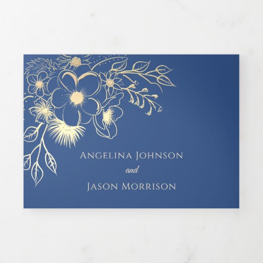 エレガントフローラ王室の金ゴールド結婚ブルー 三つ折り招待状 (カバー)