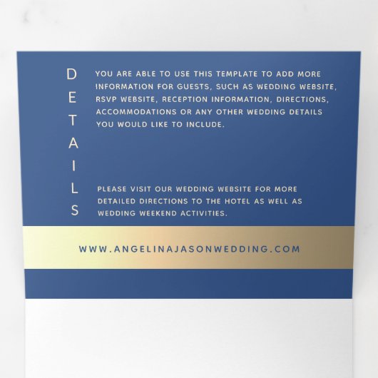 エレガントフローラ王室の金ゴールド結婚ブルー 三つ折り招待状 (内部最初)