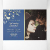 エレガントフローラ王室の金ゴールド結婚ブルー 三つ折り招待状 (内部中)