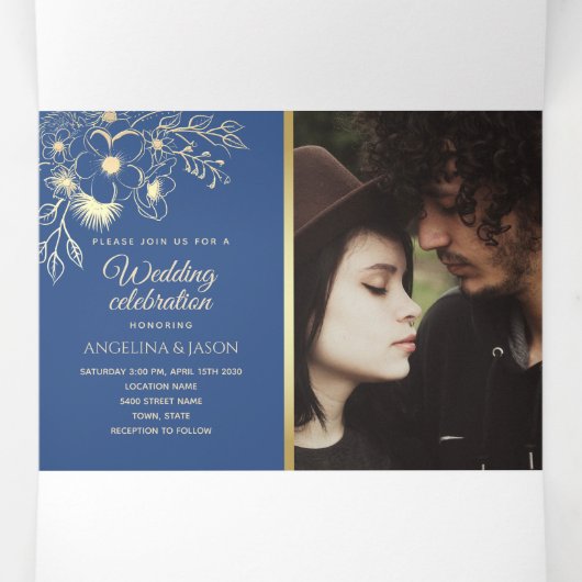 エレガントフローラ王室の金ゴールド結婚ブルー 三つ折り招待状 (内部中)