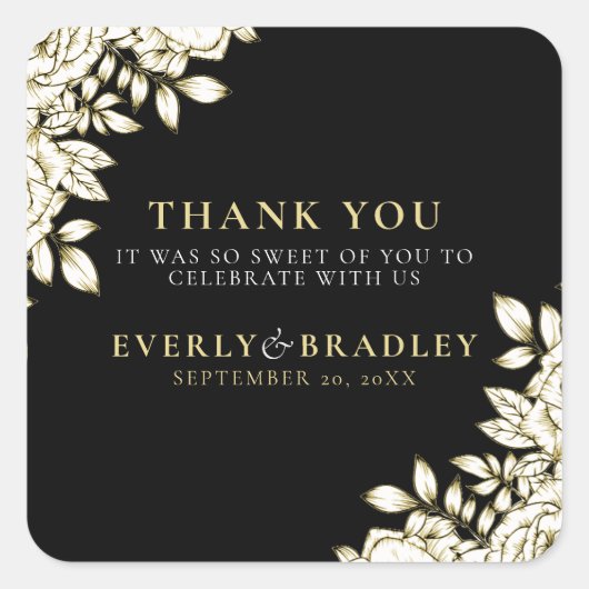 エレガントフローラ白黒ミニマル結婚金ゴールド スクエアシール (正面)