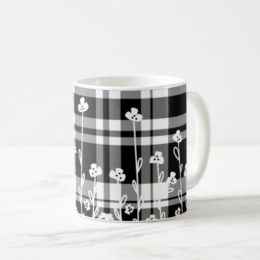 エレガントフローラ白黒格子模様 コーヒーマグカップ (正面右)