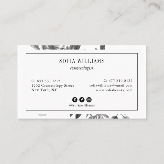 エレガントフローラ白黒水色シックモダン 名刺