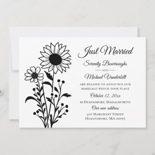 エレガントフローラ白黒結婚たった今結婚しました 案内状 (正面)