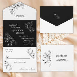 エレガントフローラ白黒結婚ズ オールインワン招待状