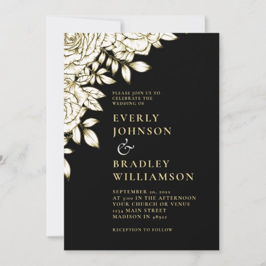 エレガントフローラ白黒金ゴールドバラ結婚の 招待状 (正面)